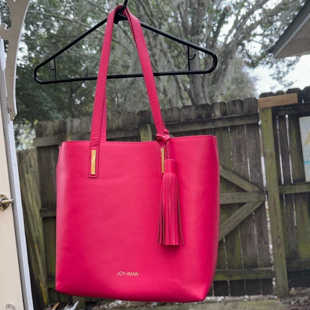 Joy & Iman Hot Pink Leather Tote Tassels Built In Organizer Tons Of Pockets